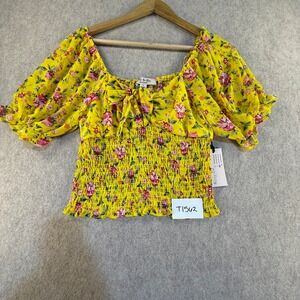 NWT No Frills Los Angeles Yellow Floral‎ Smocked Puff Sleeve Crop Top Small